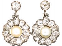 Edwardian 18ct Gold & Platinum, Natural Bouton Pearl & Diamond Cluster Drop Earrings