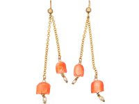 9ct Gold, Coral & Seed Pearl Flower Drop Earrings
