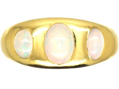 Edwardian 18ct Gold, Three Stone Cabochon Opal Ring