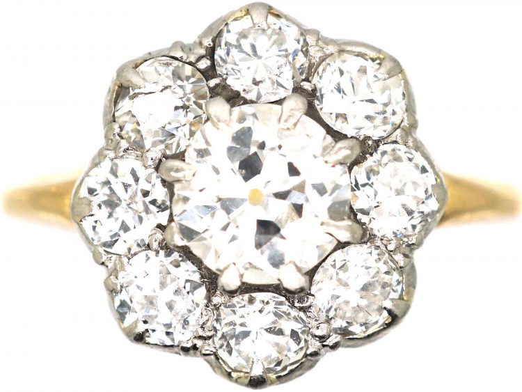 Retro 18ct Gold & Palladium Diamond Set Daisy Cluster Ring