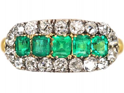 Edwardian 18ct Gold, Five Stone Emerald & Diamond Boat Shaped Ring