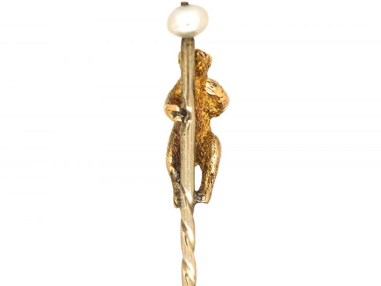 Edwardian 15ct Gold Bear Tie Pin with Natural Pearl