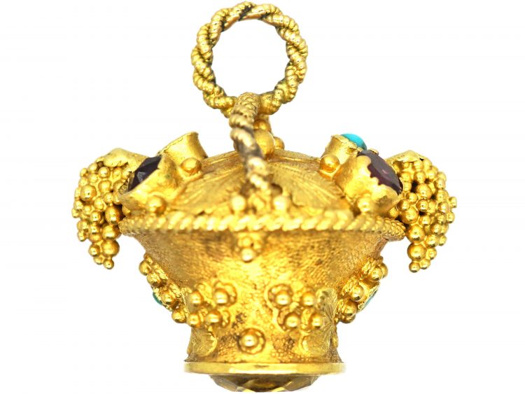 Georgian 18ct Two Colour Gold , Turquoise & Garnet Flower Basket Pendant with inset Citrine Base