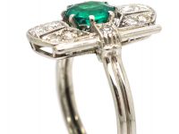 Art Deco 14ct White Gold, Emerald & Diamond Rectangular Ring