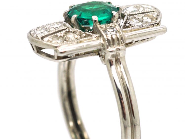 Art Deco 14ct White Gold, Emerald & Diamond Rectangular Ring