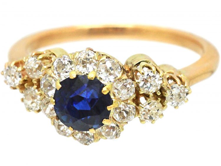Early 20th Century 18ct Gold, Sapphire & Diamond Cluster Ring with Three Stone Diamond Shoulders
