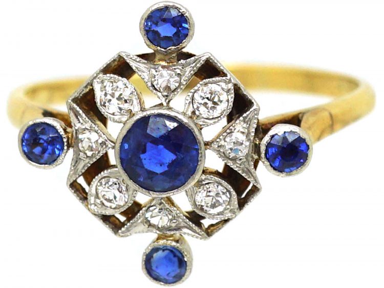 Edwardian 18ct Gold & Platinum, Sapphire & Diamond Ring with Diamond Shaped Design