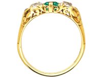 Victorian 18ct Gold, Emerald & Diamond Three Stone Carved Half Hoop Ring