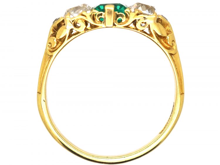 Victorian 18ct Gold, Emerald & Diamond Three Stone Carved Half Hoop Ring