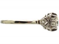 Art Deco 18ct White Gold & Platinum Diamond Solitaire Ring with Rose Diamond Set Shoulders