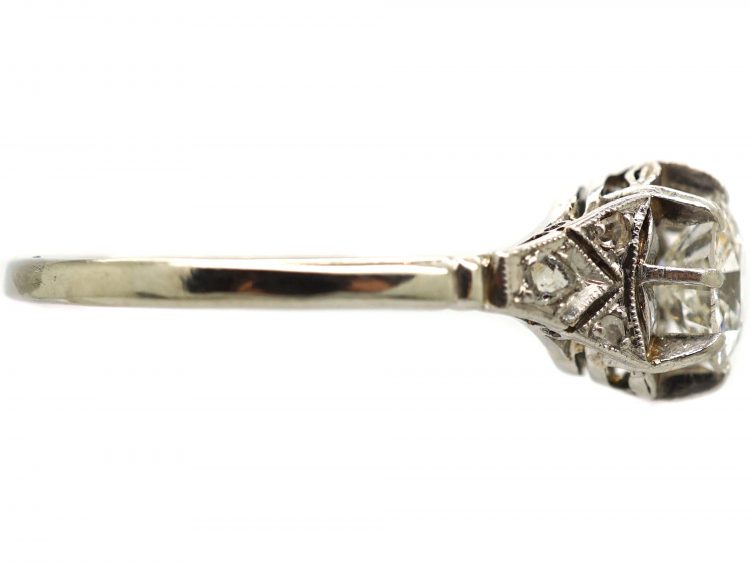 Art Deco 18ct White Gold & Platinum Diamond Solitaire Ring with Rose Diamond Set Shoulders
