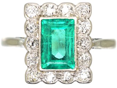 Art Deco 18ct White Gold & Platinum, Emerald & Diamond Rectangular Shaped Ring