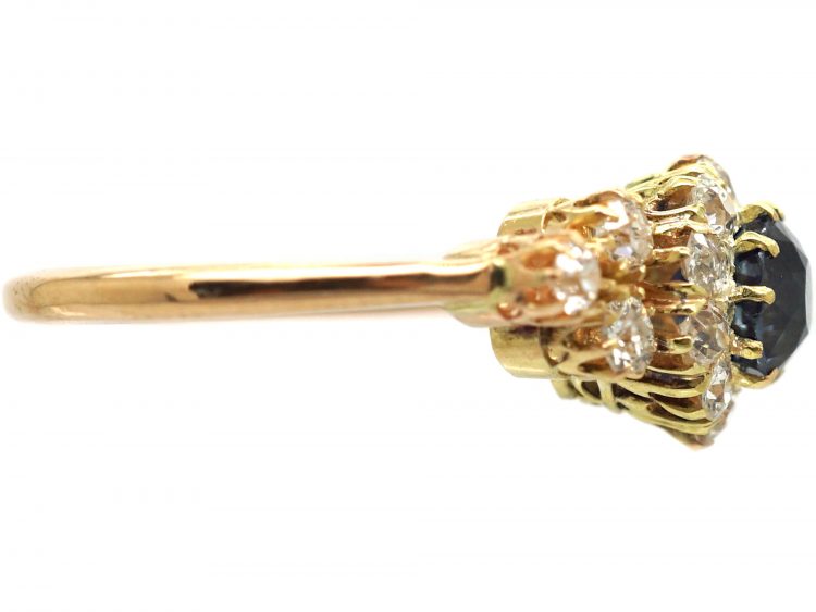Early 20th Century 18ct Gold, Sapphire & Diamond Cluster Ring with Three Stone Diamond Shoulders