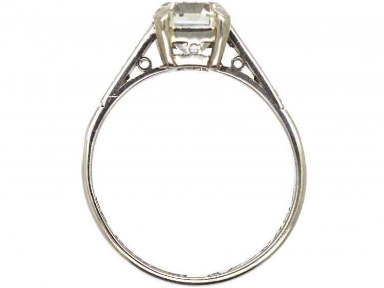 Art Deco Platinum, Asscher Cut Diamond Ring with Diamond Set Shoulders