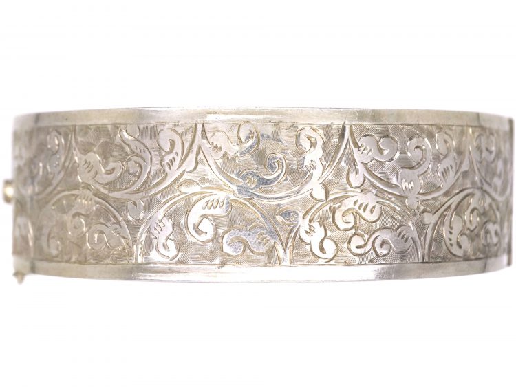 Victorian Silver Bangle with Engraved Scroll Detail