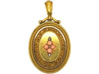 Victorian 18ct Gold Oval Shaped Locket set with Coral & Rose Diamonds