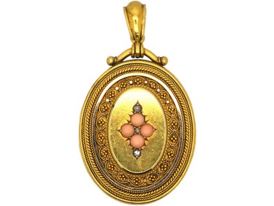 Victorian 18ct Gold Oval Shaped Locket set with Coral & Rose Diamonds