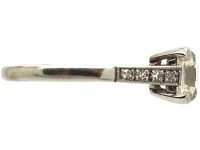 Art Deco Platinum, Asscher Cut Diamond Ring with Diamond Set Shoulders