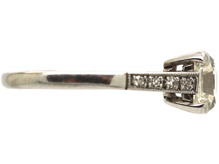 Art Deco Platinum, Asscher Cut Diamond Ring with Diamond Set Shoulders