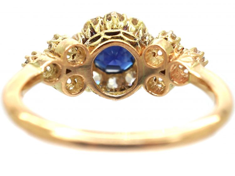 Early 20th Century 18ct Gold, Sapphire & Diamond Cluster Ring with Three Stone Diamond Shoulders