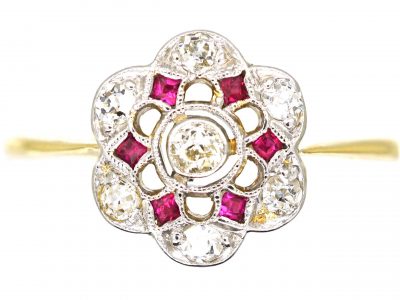 Edwardian 18ct Gold & Platinum, Ruby & Diamond Cluster Ring