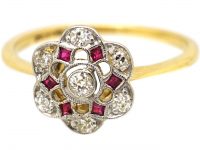 Edwardian 18ct Gold & Platinum, Ruby & Diamond Cluster Ring