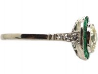 Platinum, Large Single Diamond Solitaire Ring with Calibre Emerald Frame