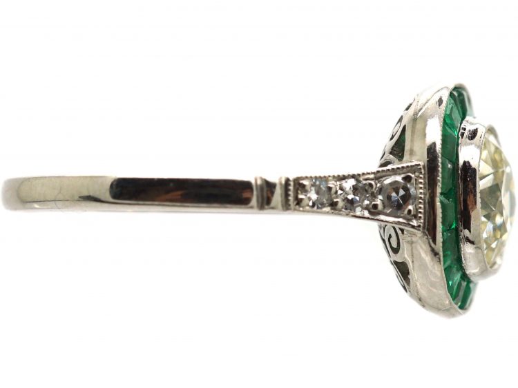 Platinum, Large Single Diamond Solitaire Ring with Calibre Emerald Frame