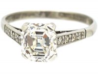 Art Deco Platinum, Asscher Cut Diamond Ring with Diamond Set Shoulders