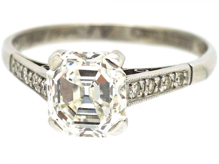 Art Deco Platinum, Asscher Cut Diamond Ring with Diamond Set Shoulders