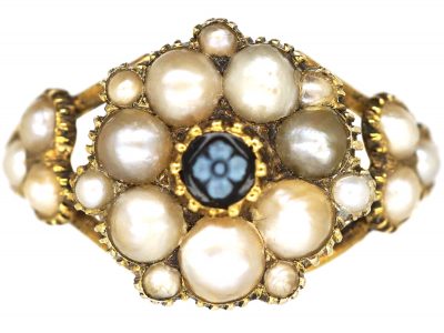 Regency 15ct Gold Natural Split Pearl & Carved Banded Onyx Forget me Not Ring