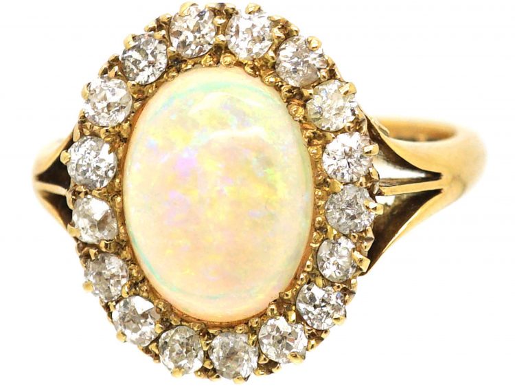 Edwardian Large 18ct Gold, Opal & Diamond Cluster Ring
