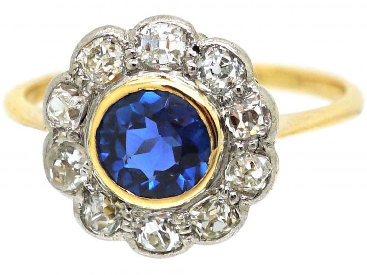 Edwardian 18ct Gold & Platinum, Sapphire & Diamond Cluster Ring