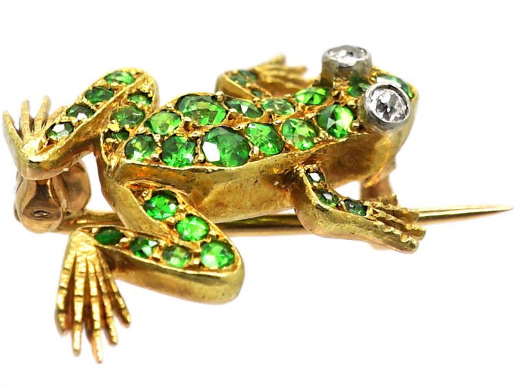 French Belle Epoque 18ct Gold, Small Green Garnet & Diamond Frog Brooch