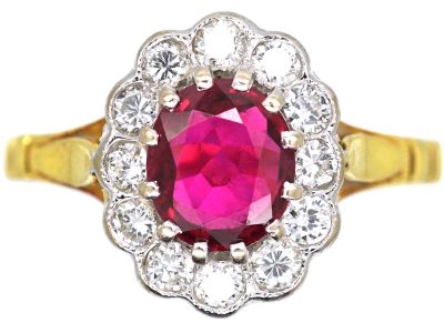 18ct Gold, Ruby & Diamond Oval Cluster Ring
