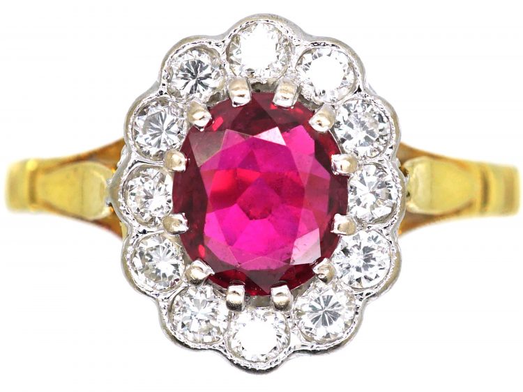 18ct Gold, Ruby & Diamond Oval Cluster Ring