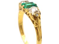 Victorian 18ct Gold, Emerald & Diamond Three Stone Carved Half Hoop Ring