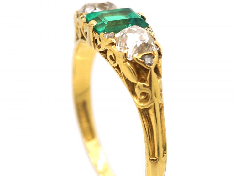 Victorian 18ct Gold, Emerald & Diamond Three Stone Carved Half Hoop Ring