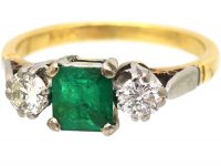 Art Deco 18ct Gold, Emerald & Diamond Three Stone Ring