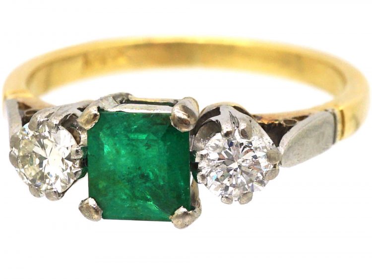 Art Deco 18ct Gold, Emerald & Diamond Three Stone Ring