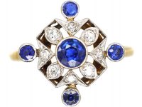 Edwardian 18ct Gold & Platinum, Sapphire & Diamond Ring with Diamond Shaped Design