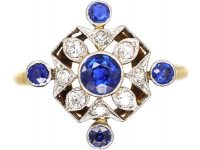 Edwardian 18ct Gold & Platinum, Sapphire & Diamond Ring with Diamond Shaped Design