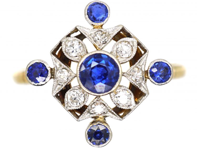Edwardian 18ct Gold & Platinum, Sapphire & Diamond Ring with Diamond Shaped Design