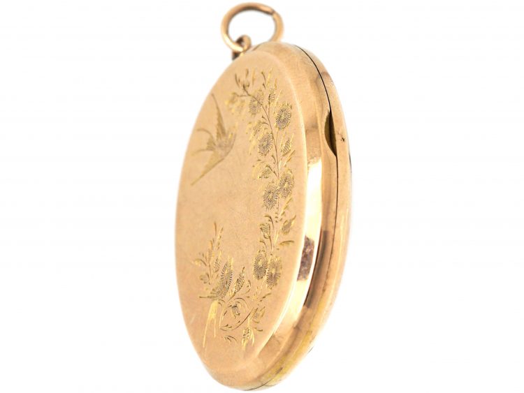 Edwardian 9ct Back & Front Oval Locket with Swallow & Rose Branch Motif