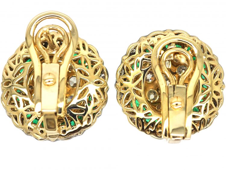 Large 18ct White Gold Target Cluster Earrings set with Emeralds & Diamonds