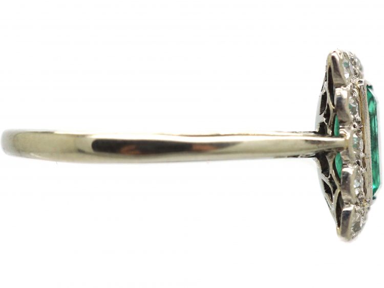 Art Deco 18ct White Gold & Platinum, Emerald & Diamond Rectangular Shaped Ring