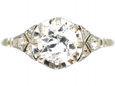 Art Deco 18ct White Gold & Platinum Diamond Solitaire Ring with Rose Diamond Set Shoulders