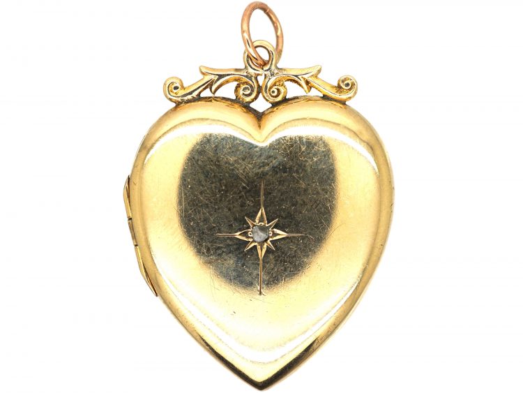 Edwardian 9ct Gold Back & Front Heart Shaped Locket set with a Rose Diamond