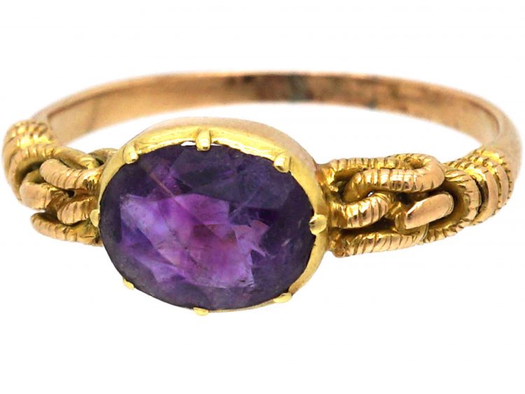 Regency 18ct Gold & Amethyst Ring with Knot Detail on the Shoulders
