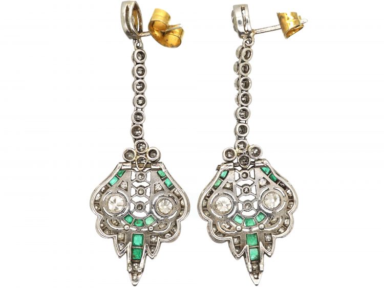 Art Deco Platinum Emerald & Diamond Drop Earrings